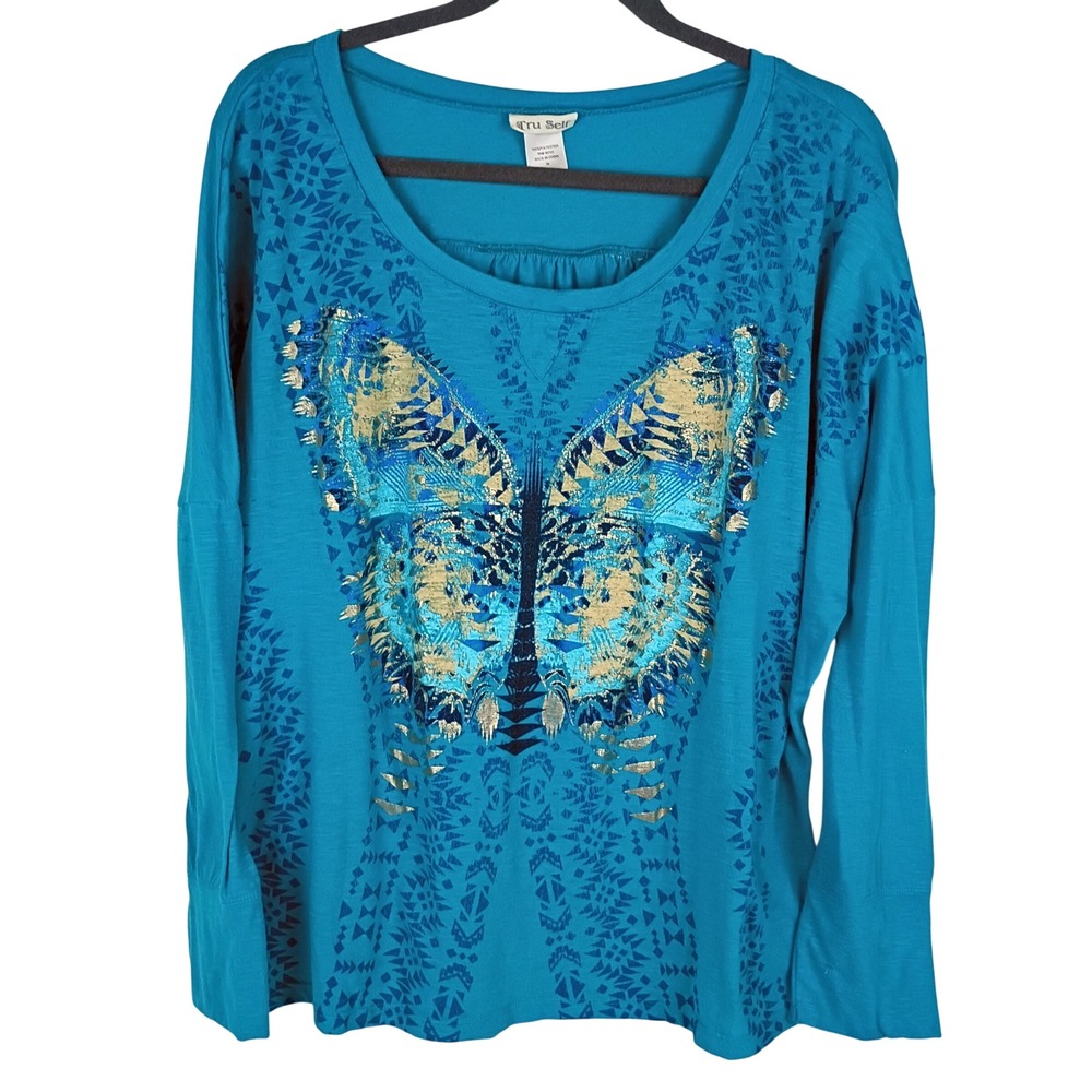 Tru Self Women Teal Butterfly Graphic Long Sleeve Top Plus Size 3X Foil Print